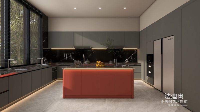 Fadior U-Shaped Layout Gray And Crimson Red Stainless Steel Kitchen Cabinet