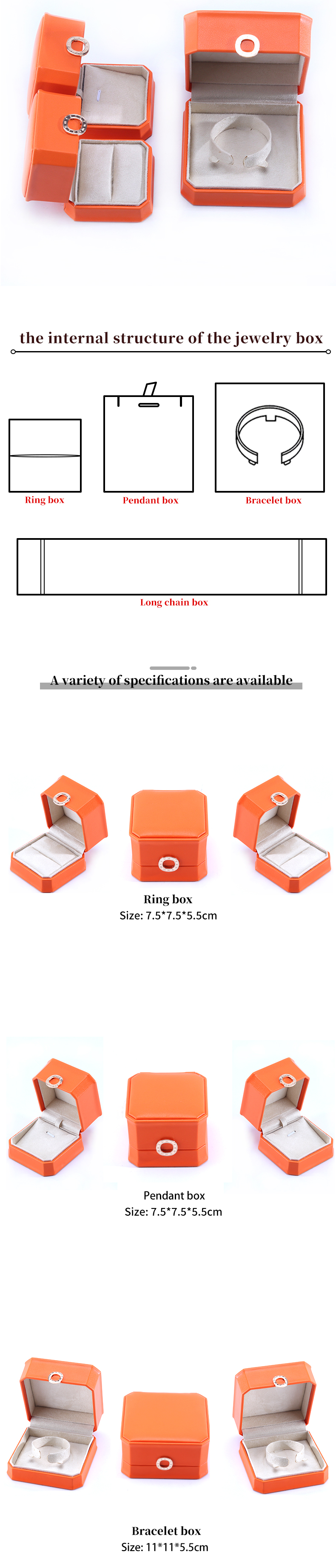Square Orange PU Leather Jewelry Packaging Box for Necklace Bracelet and Wedding Ring