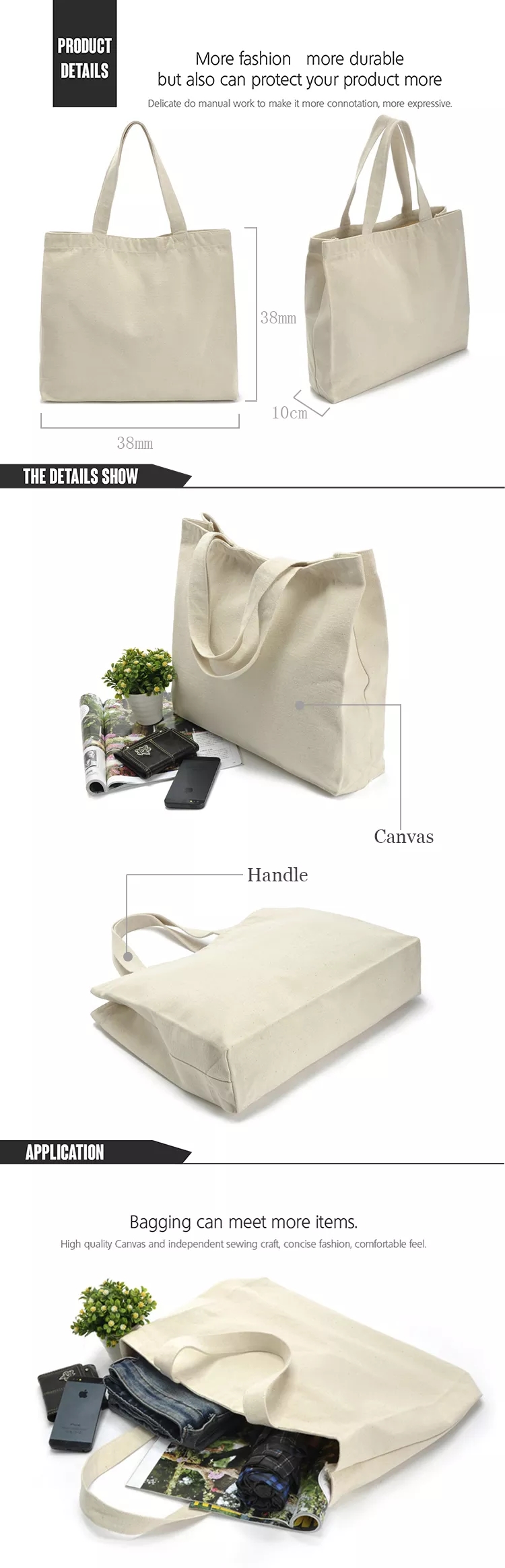 Reusable Blank Canvas Tote Bag Women Foldable Cotton Shopping Bags
