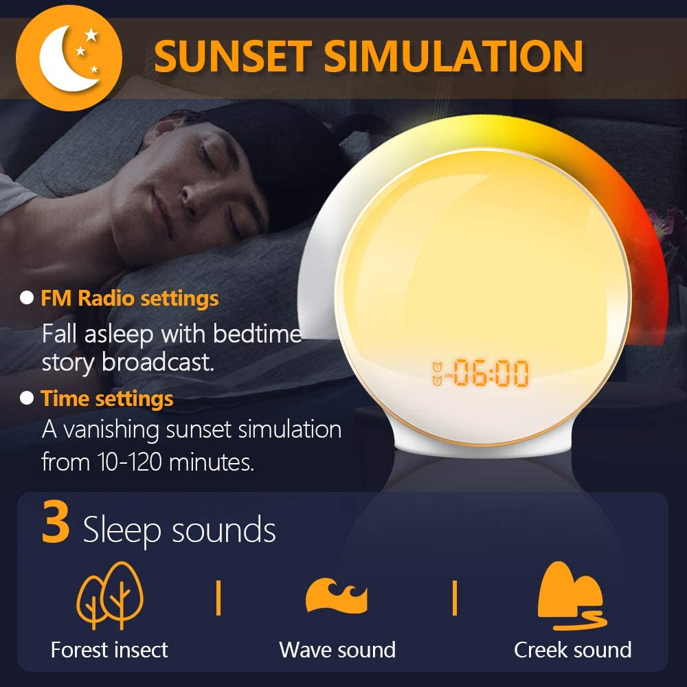 Acrylic RGB Sunrise Simulation Alarm Clock FM Radio Natural Wake Up Light
