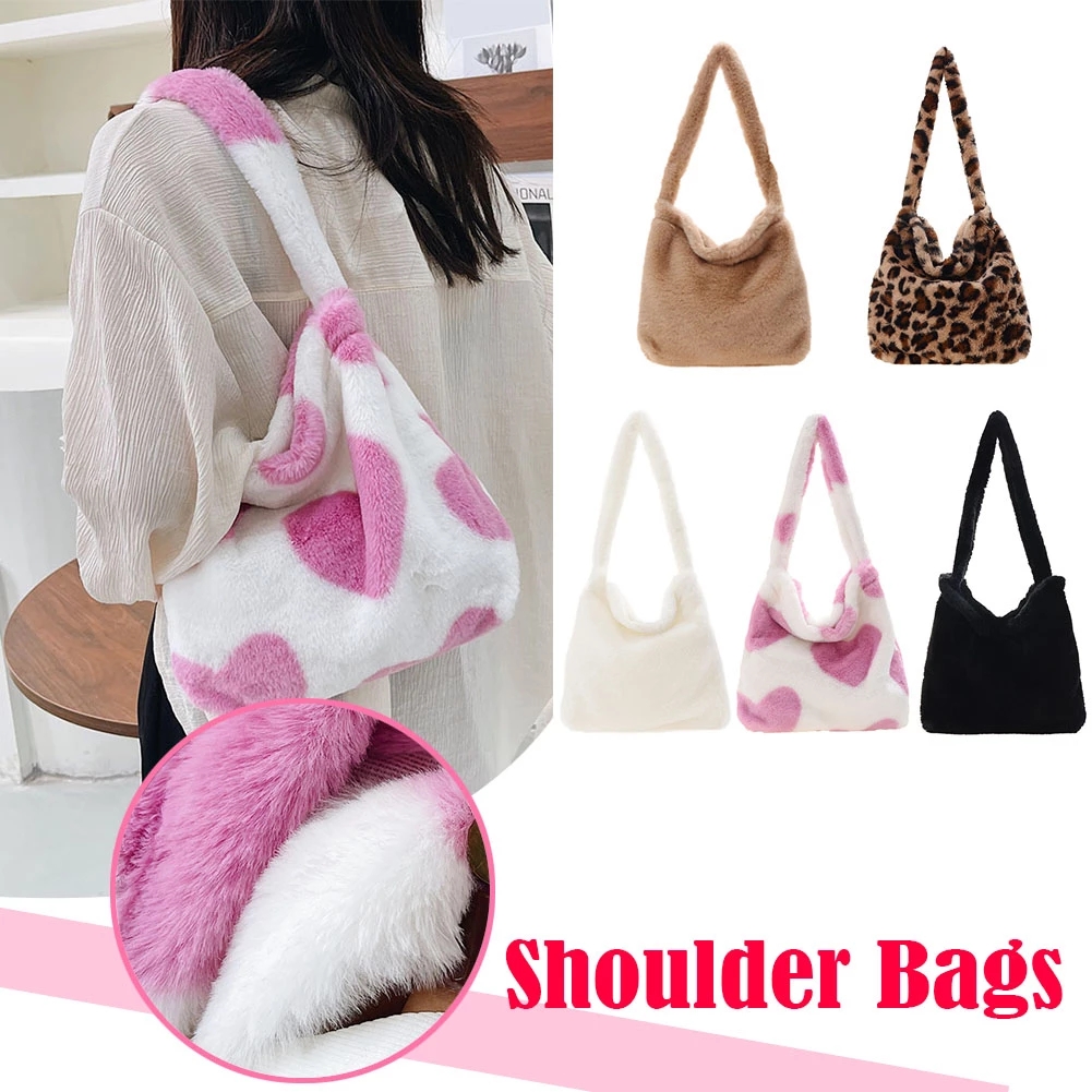 2022 Wholesale Leopard Print Bags For Women Soft Plush Shoulder Bags Female Large Capacity Travel Bag Winter Warm Fluffy Totes