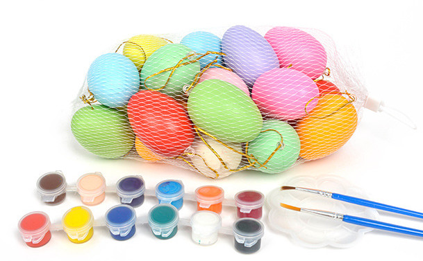 Assorted colors Plastic Easter eggs with Acrylic paint and brush for KIDS DIY painting Wooden and Plastic Easter Eggs