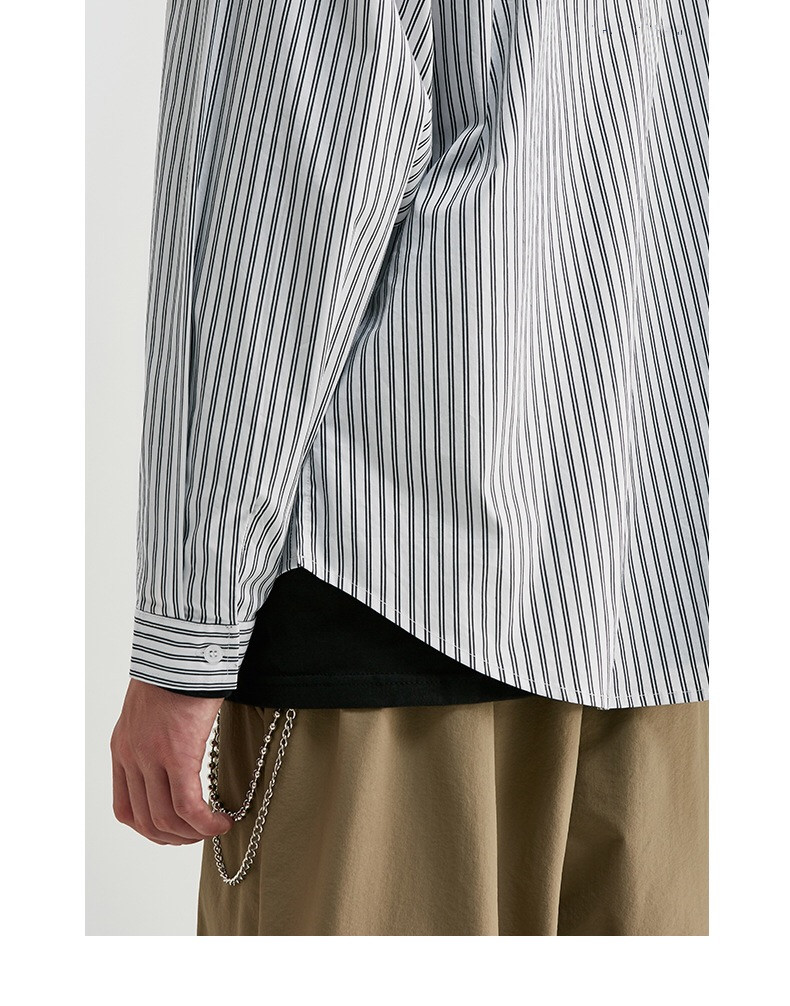 Turn Down Collar Business Long Sleeve Men Shirts White Shirt With Black Stripes