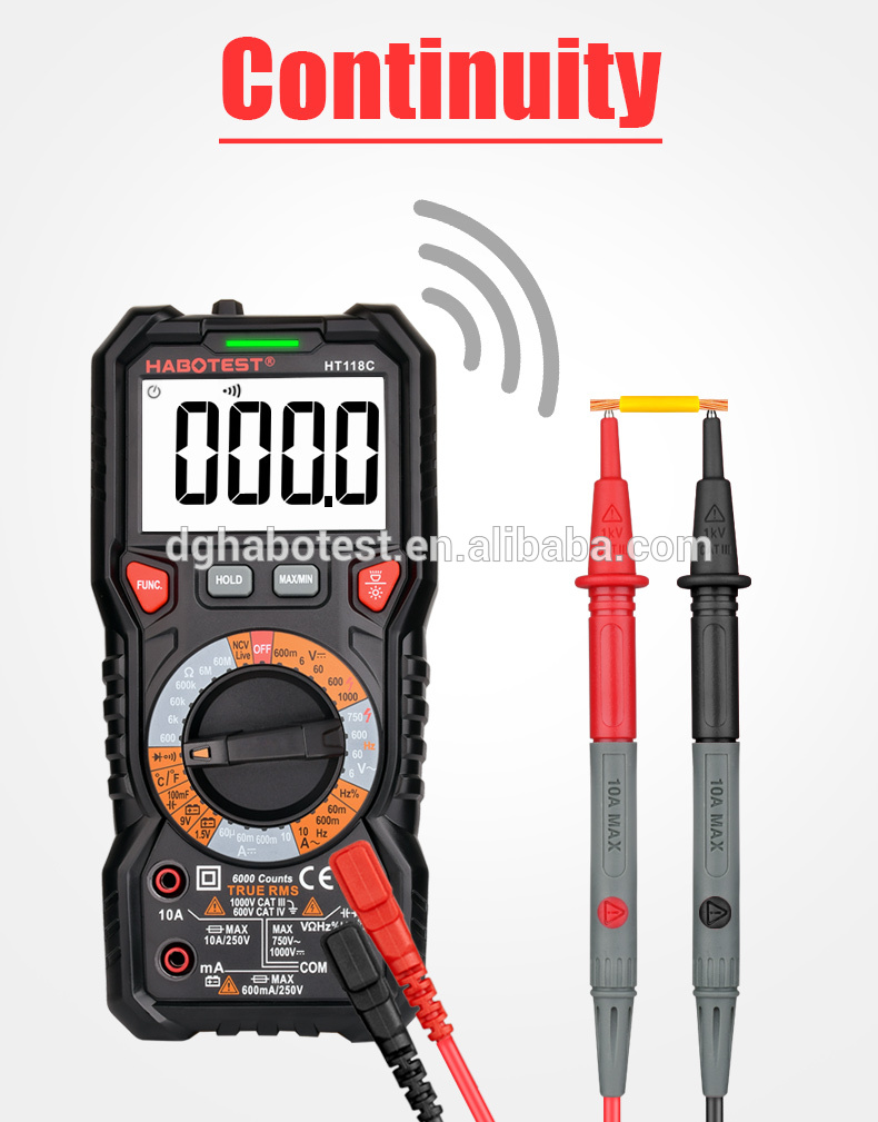 10A 6000 Counts Handheld Digital Multimeter , 750V Capacitance Test Multimeter