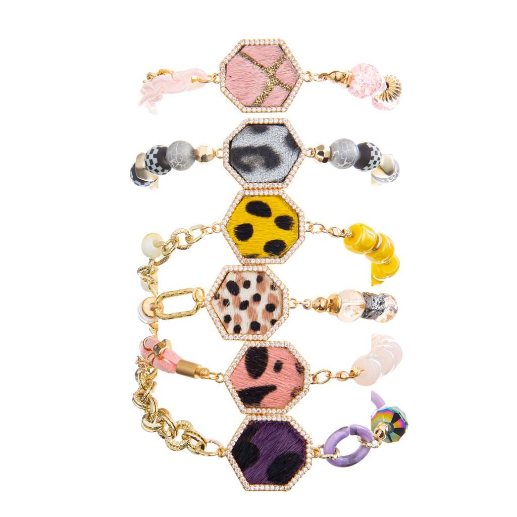 Handcraft Stretchy Brass Bead Bracelet 20g Grey Leopard With Gold