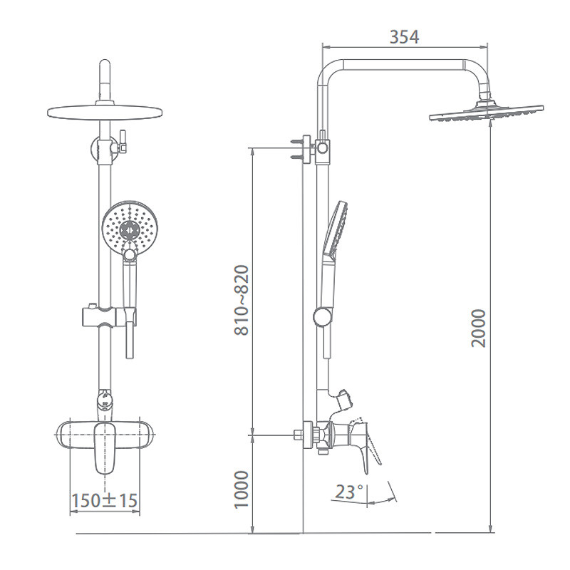 Polished Hand Shower Mixer Set H1050mm With Slide Bar Brass Chrome