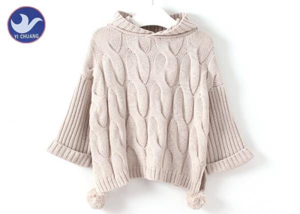 Quality Pompom Ball Ribbed Girls Cable Sweater , Girls Hooded Jumper Winter Clothes for sale