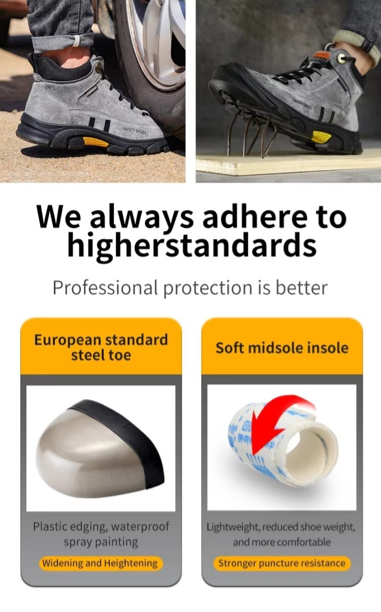 Gray Suede Safety Boots With Kevlar Midsole And Slip-Resistant Rubber Sole