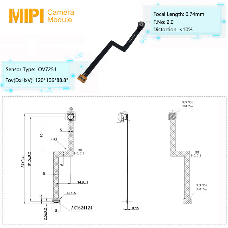 0.3MP 1/7.5" OV7251 FF Wide Angle Camera Module MIPI 24pin