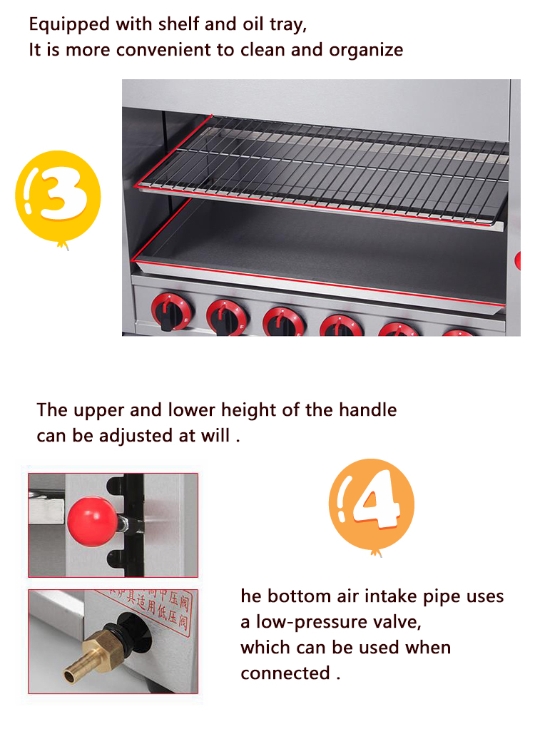6 Burner Gas Infrared Salamander Grill Oven Lift for Food Service Industry